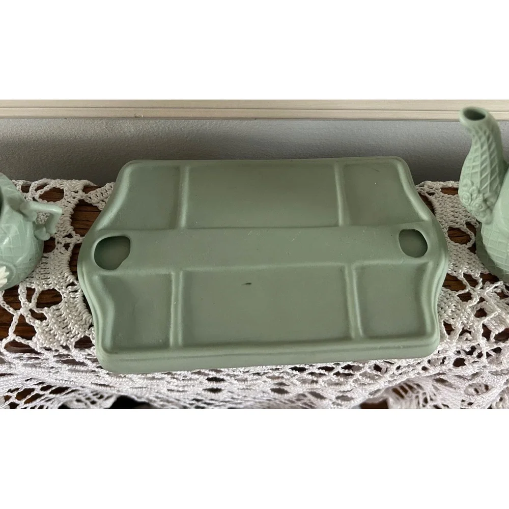 Miniature Sage Green Jasperware Style Tea Set Floral Bas-Relief 9pc Collection